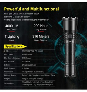 Lampe tactique rechargeable AR10 LED - 1080 Lumens